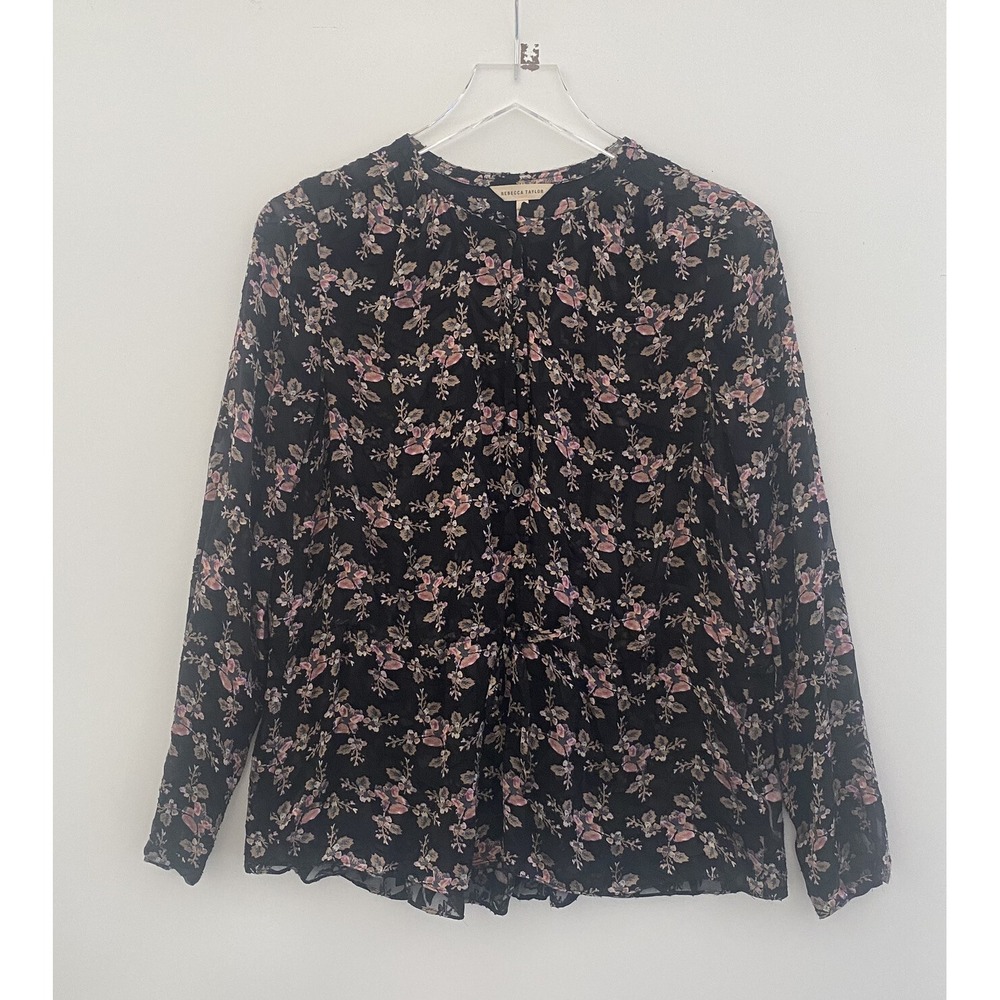 Rebecca Taylor Silk Blend Floral Burnout Blouse Black Pink Drawstring Top 2 - Picture 4 of 9